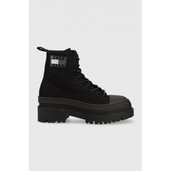 Tommy Jeans botine TJW FOXING CANVAS BOOT femei, culoarea negru, cu platforma, EN0EN02216