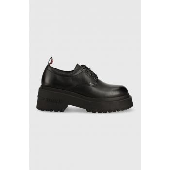 Tommy Jeans pantofi de piele TJW AVA LACE UP femei, culoarea negru, cu platforma, EN0EN02219