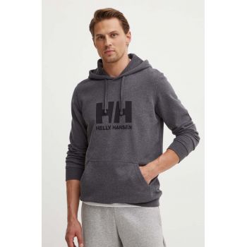 Helly Hansen hanorac de bumbac HH LOGO HOODIE bărbați, culoarea gri, cu glugă, cu imprimeu 33977