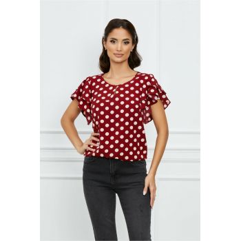 Bluza Dy Fashion bordo cu buline roz si volane pe maneci