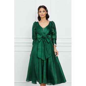 Rochie Mirabela verde din organza cu strasuri la maneci