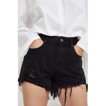 Answear Lab pantaloni scurti jeans femei, culoarea negru, neted, high waist