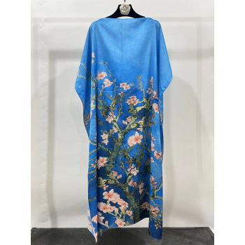 Rochie albastra de plaja lunga tip poncho din matase cu reproducere dupa Migdal Inflorind de Van Gogh