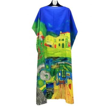 Rochie de plaja lunga tip poncho din matase cu casute pe fond albastru si verde