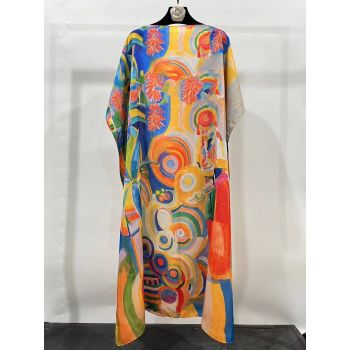 Rochie de plaja lunga tip poncho din matase cu cercuri si motive abstracte multicolore