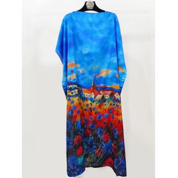 Rochie de plaja lunga tip poncho din matase cu peisaj cu maci pe fond albastru