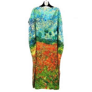 Rochie de plaja lunga tip poncho din matase cu pictura impresionista camp cu maci si pomi