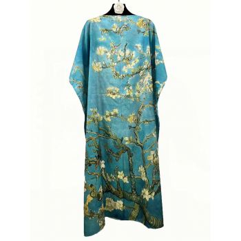 Rochie de plaja lunga tip poncho din matase cu reproducere dupa Migdal Inflorind de Van Gogh