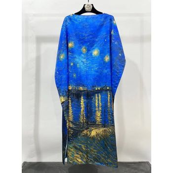 Rochie de plaja lunga tip poncho din matase cu reproducere dupa Noapte Instelata deasupra Rhonului de Claude Monet