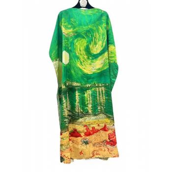 Rochie verde de plaja lunga tip poncho din matase cu reproducere dupa Noapte Instelata deasupra Rhonului de Claude Monet