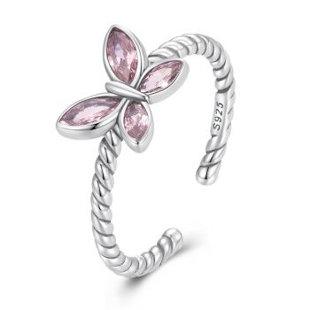 Inel reglabil din argint Pink Crystal Butterfly