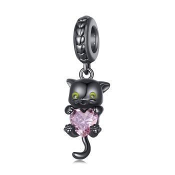 Talisman din argint Pink Hearted Black Kitty