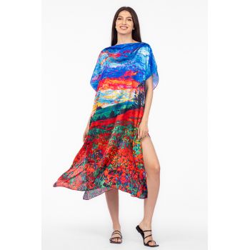 Rochie de plaja lunga tip poncho din matase cu pictura camp de maci si cer albastru