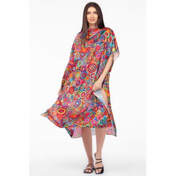 Rochie de plaja lunga tip poncho din matase cu imprimeu cercuri multicolore