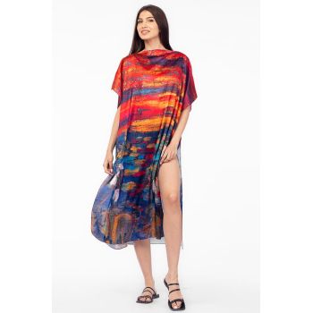 Rochie de plaja lunga tip poncho din matase cu imprimeu dupa pictura celebra