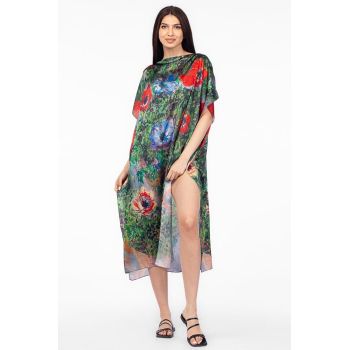 Rochie de plaja lunga tip poncho din matase cu imprimeu impresionist, floral pe fond verde