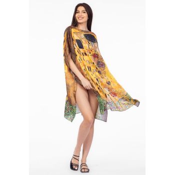 Rochie de plaja tip poncho din matase cu reproducere dupa Sarutul de Gustav Klimt