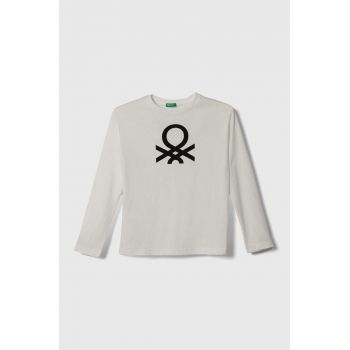 United Colors of Benetton longsleeve din bumbac pentru copii culoarea alb, cu imprimeu