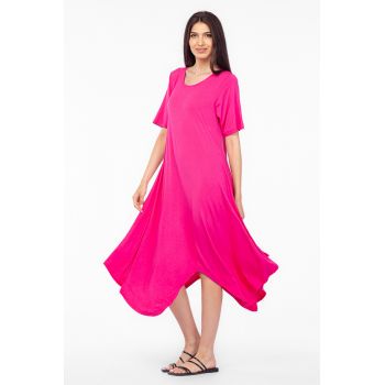 Rochie cu colturi rotunjite, din tricot de vascoza, fucsia