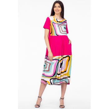 Rochie fucsia cu platca si doua volane, imprimeu dungi, din bumbac