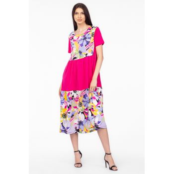 Rochie fucsia cu platca si doua volane, imprimeu flori mari, din bumbac