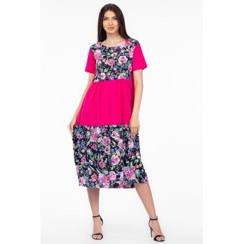 Rochie fucsia cu platca si doua volane, imprimeu trandafiri, din bumbac