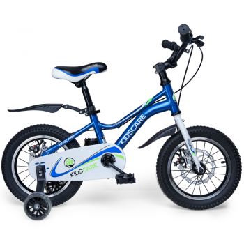 Bicicleta pentru copii 2-4 ani KidsCare HappyCycles 12 inch cu roti ajutatoare si frane pe disc albastru