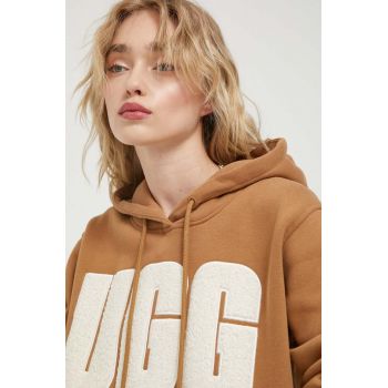 UGG bluza femei, culoarea maro, cu glugă, cu imprimeu