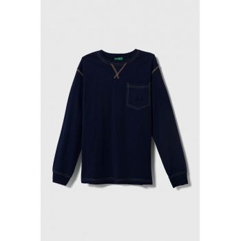 United Colors of Benetton longsleeve din bumbac pentru copii culoarea albastru marin, neted