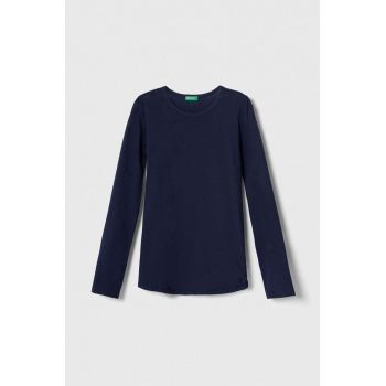 United Colors of Benetton longsleeve din bumbac pentru copii culoarea albastru marin, neted