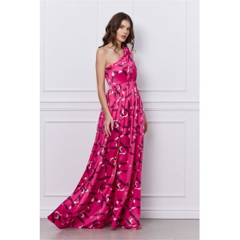 Rochie MBG fucsia lunga din satin pe un umar cu imprimeu