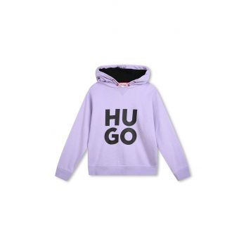 HUGO bluza copii culoarea violet, cu glugă, cu imprimeu