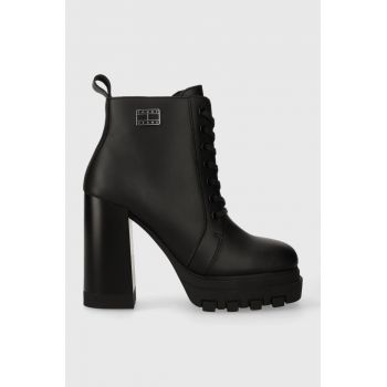 Tommy Jeans cizme de piele TJW HIGH HEEL LACE UP BOOT femei, culoarea negru, cu toc drept, EN0EN02408