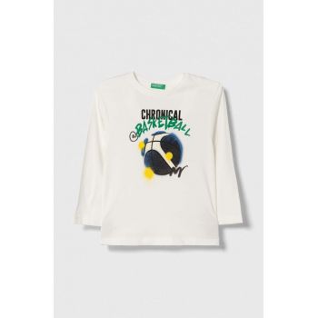 United Colors of Benetton longsleeve din bumbac culoarea alb, cu imprimeu