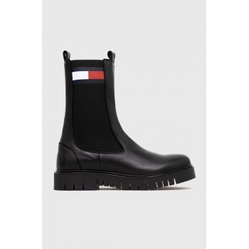 Tommy Jeans ghete chelsea de piele TJW LONG CHELSEA BOOT femei, culoarea negru, cu toc plat, EN0EN02315