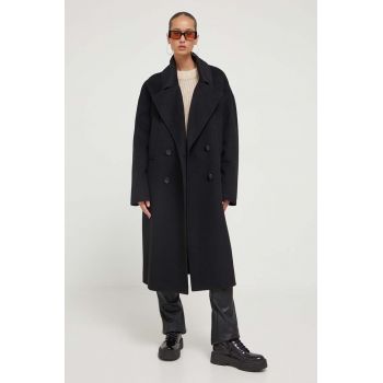 HUGO palton de lana culoarea negru, de tranzitie, oversize