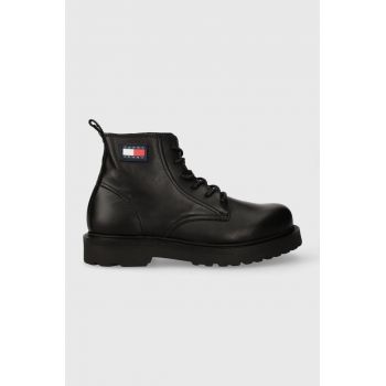 Tommy Jeans ghete de piele TJM RUBERIZED LACE UP BOOT barbati, culoarea negru, EM0EM01276