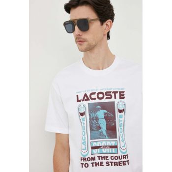 Lacoste tricou din bumbac culoarea alb, cu imprimeu