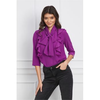 Bluza Dy Fashion magenta cu volanase pe bust si funda la guler