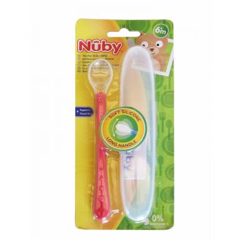 Lingura din silicon Nuby pentru bebelusi 13 cm 6 luni + rosu