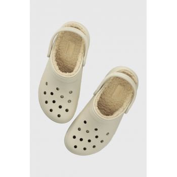 Crocs papuci Classic Platform Lined Clog femei, culoarea bej, cu platforma, 207938