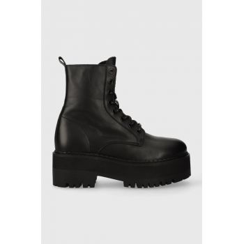 Tommy Jeans bocanci de piele TJW BOOT ZIP UP femei, culoarea negru, cu toc plat, EN0EN02305