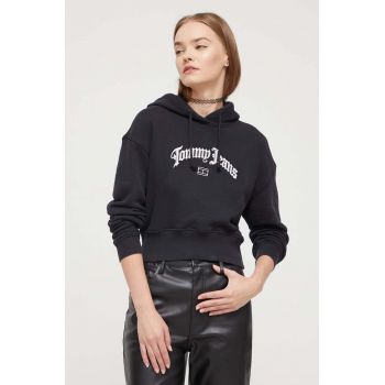 Tommy Jeans hanorac de bumbac femei, culoarea negru, cu glugă, cu imprimeu