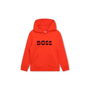 BOSS bluza copii culoarea rosu, cu glugă, cu imprimeu