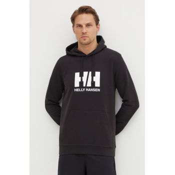 Helly Hansen hanorac de bumbac HH LOGO HOODIE bărbați, culoarea negru, cu glugă, cu imprimeu 33977