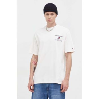 Tommy Jeans tricou din bumbac culoarea bej, cu imprimeu