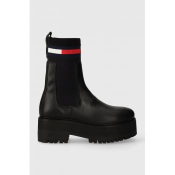 Tommy Jeans ghete chelsea de piele TJW FLATFORM CHELSEA SOCK femei, culoarea negru, cu toc plat, EN0EN02301