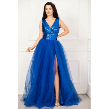 Rochie de seara eleganta Cinderella albastru royal din tulle cu paiete