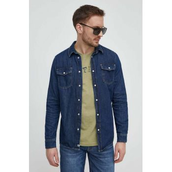 Pepe Jeans camasa jeans barbati, culoarea albastru marin, cu guler clasic, slim