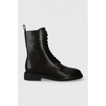 Tory Burch cizme de piele DOUBLE T COMBAT BOOT femei, culoarea negru, cu toc plat, 154336-006